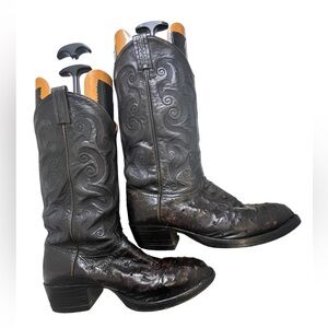 Tony Lama Cowboy Boots 8.5 Mens Black Ostrich Leather Narrow Round Toe